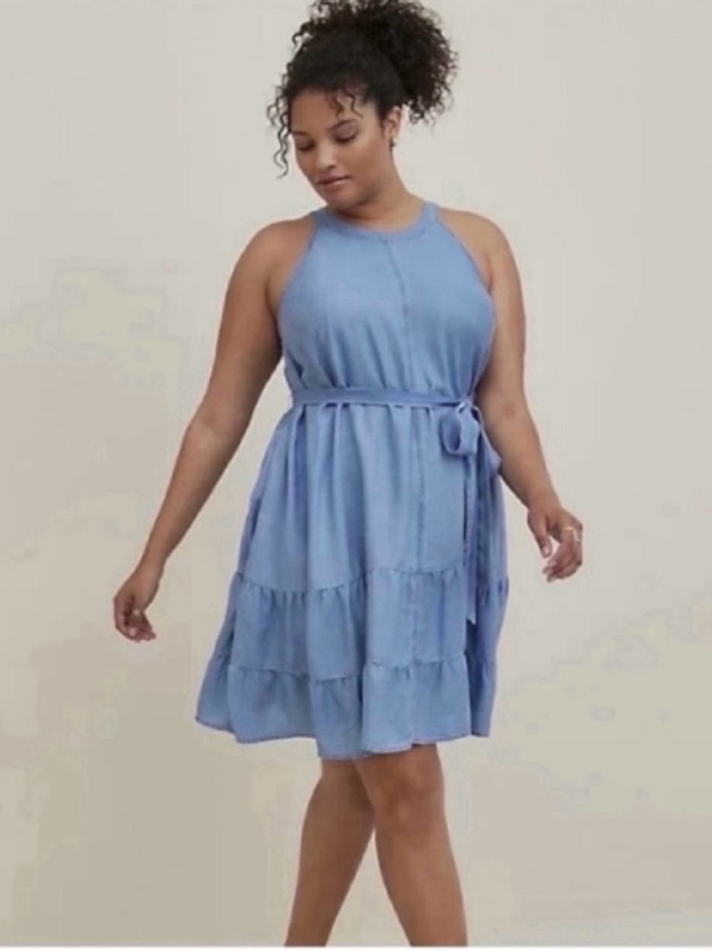💙 NWT! TORRID High Neck Tiered Mini Dress - Chambray Blue - Size 1X